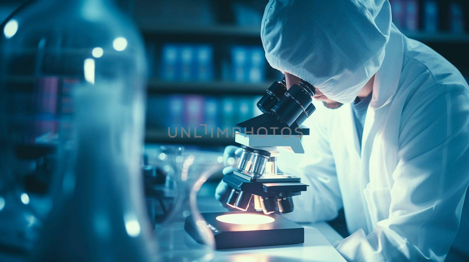 A man in a laboratory looks through a microscope. Selective focus. by yanadjana