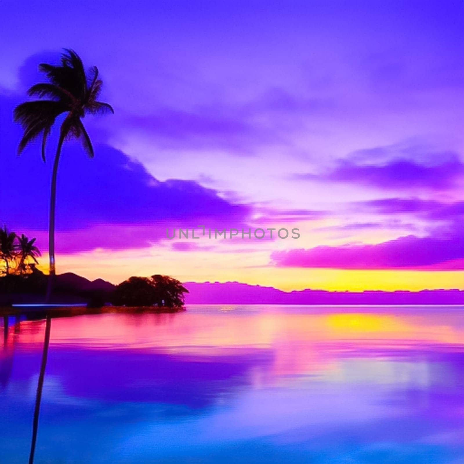 Beautiful sunset at tropical beach with silhouette of trees and orange, pink, blue, sky for copy space and multimedia content creation for travel and vacation in holiday relax time
