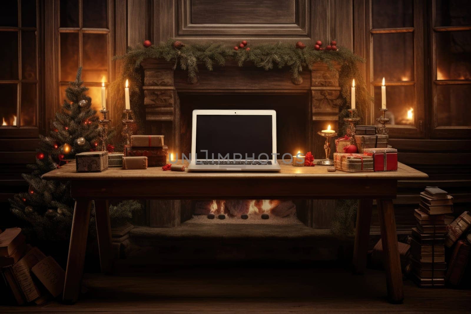 wider view of wooden desk with christmas decor at home in winter comeliness