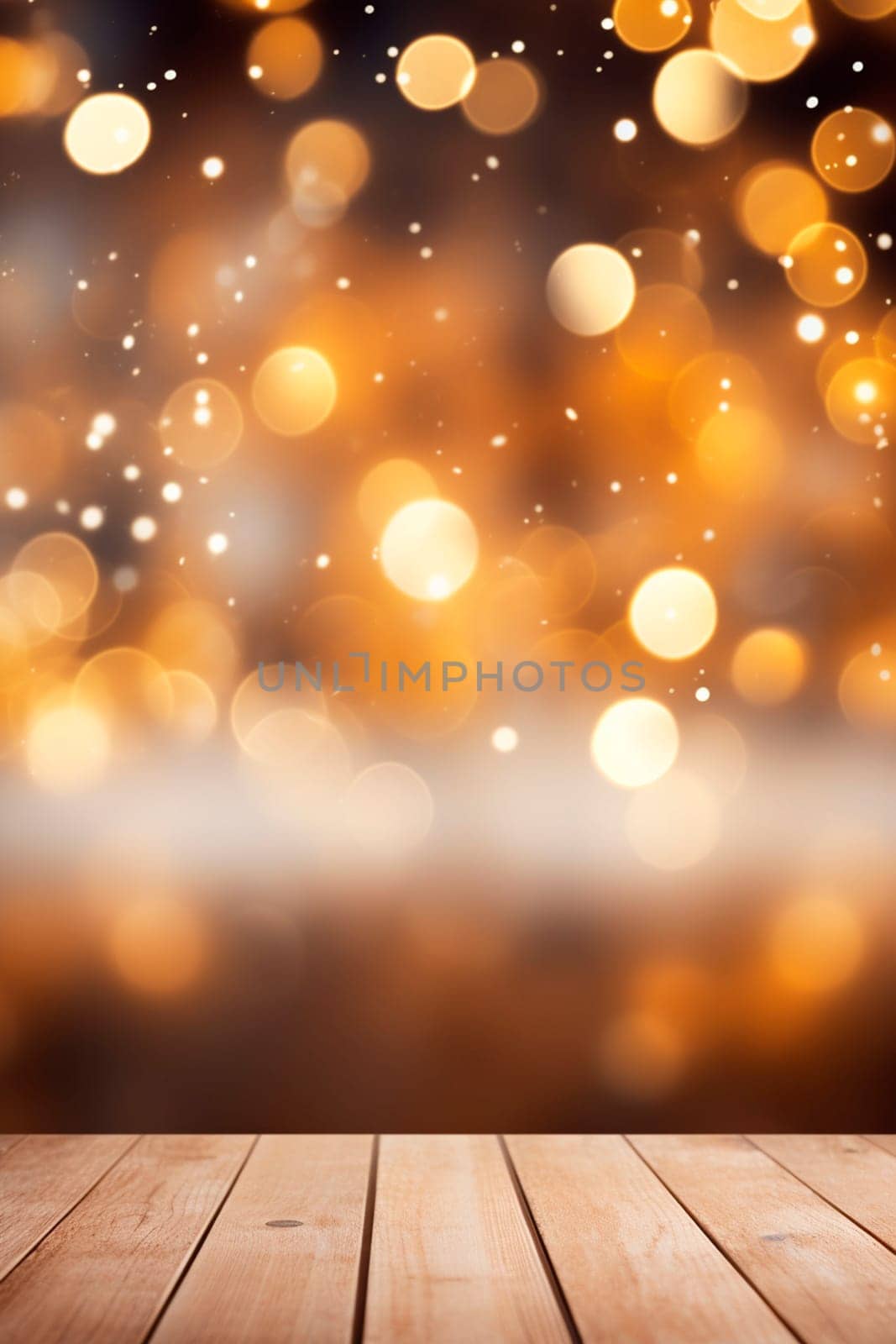 Wooden background and golden bokeh. Selective focus. Holiday.