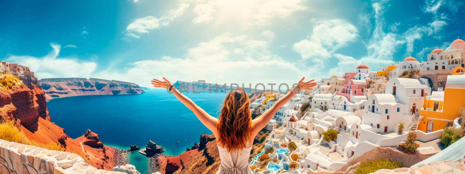 Happy woman in Greece on Santorini. Selective focus. Travel.