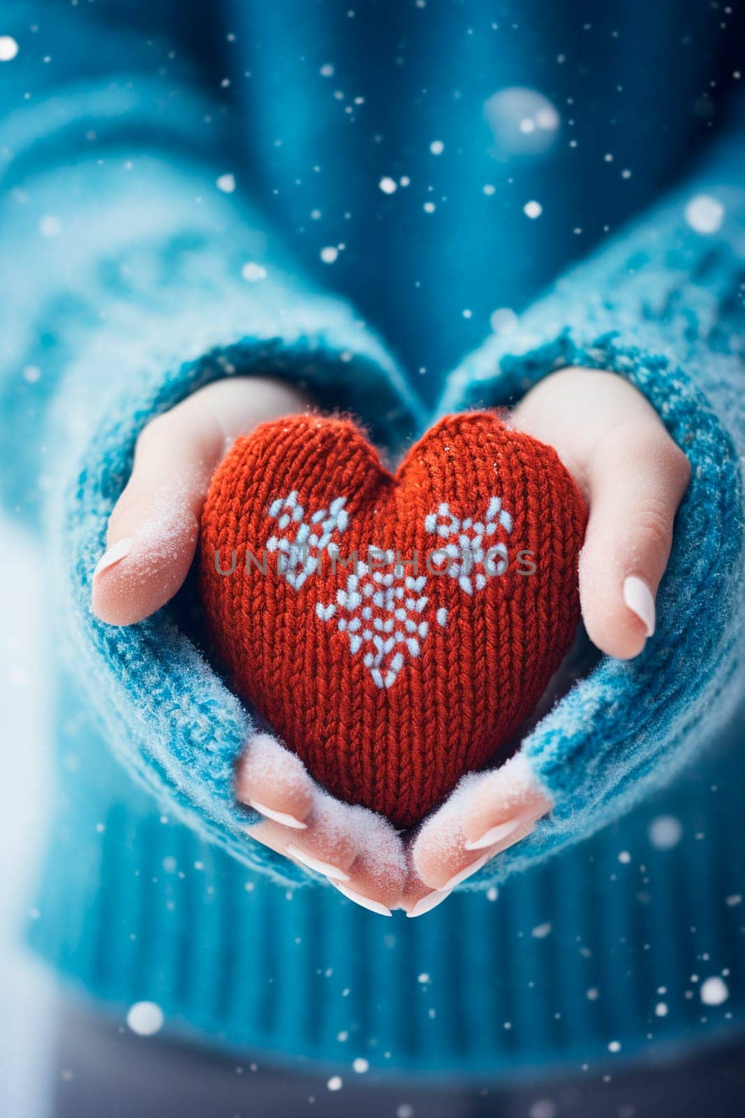 A woman holds a knitted heart in her hands. Selective focus. Winter.