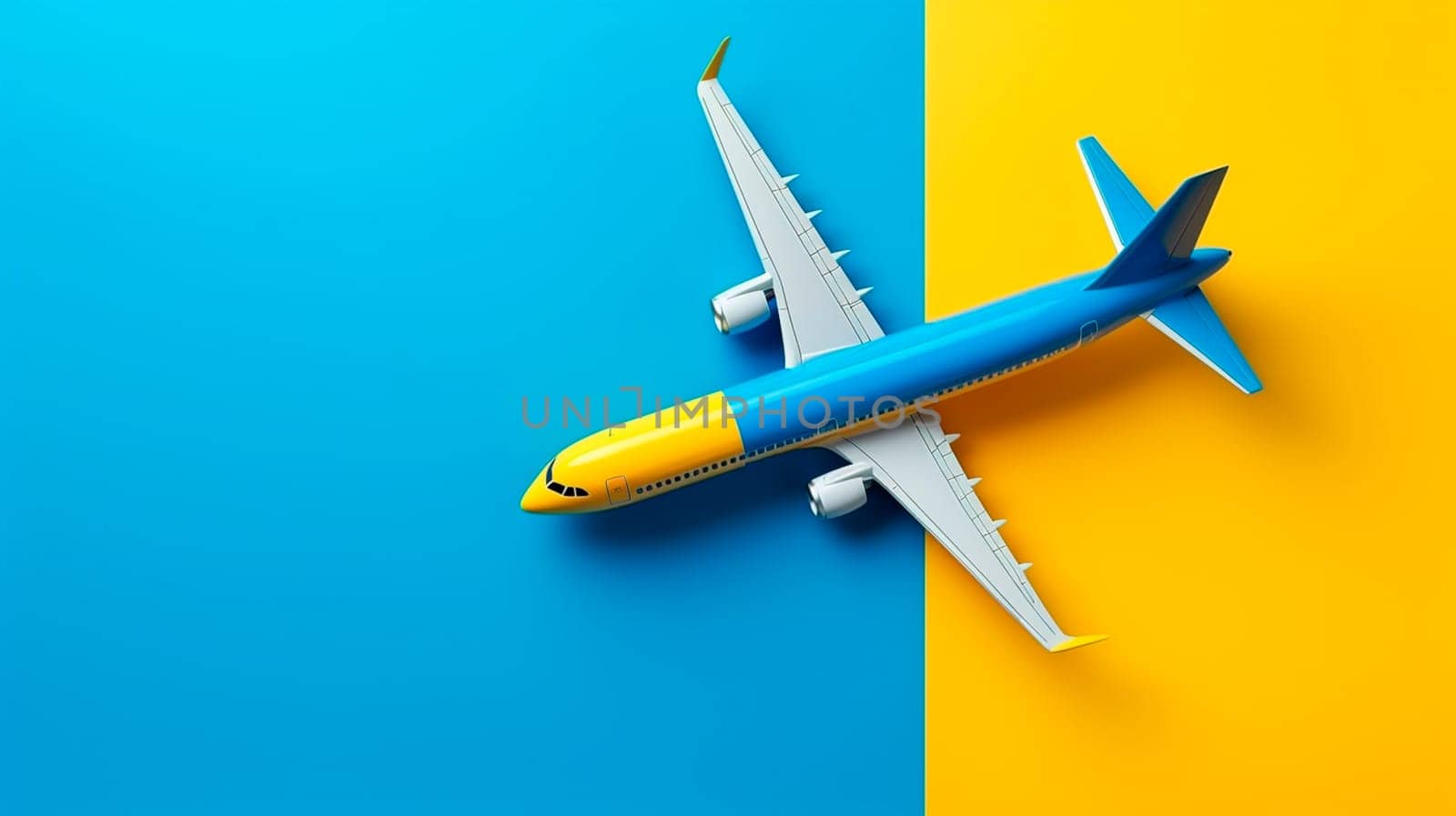 An airplane on a blue and yellow map background. Selective focus. Ukraine.