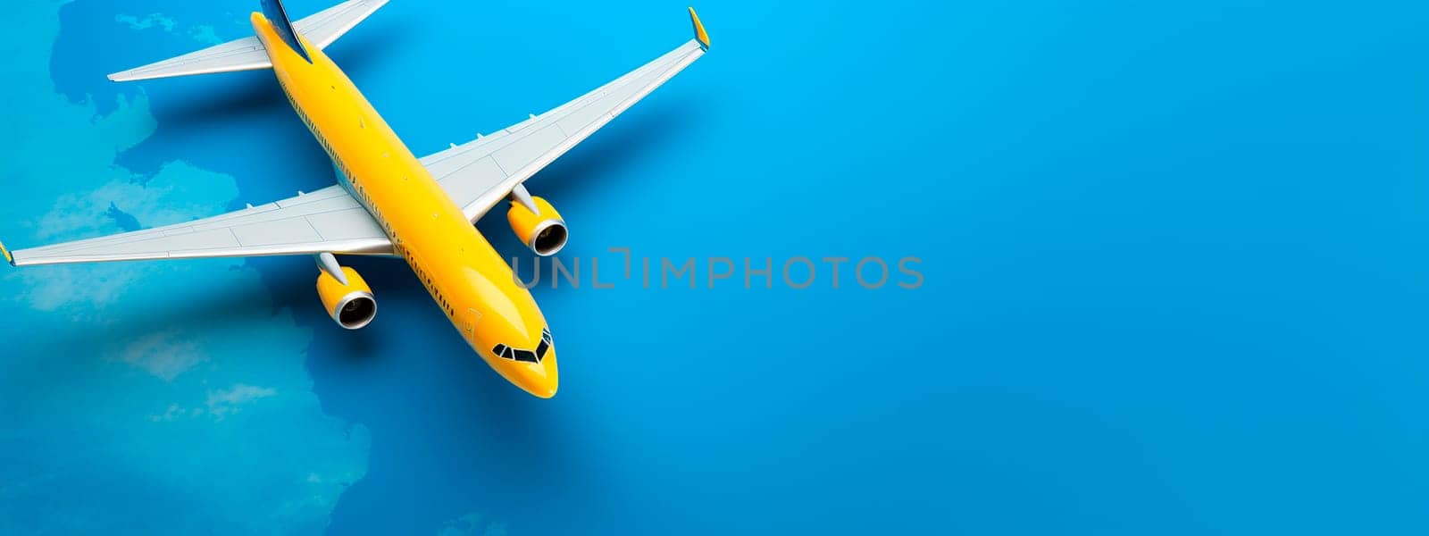 An airplane on a blue and yellow map background. Selective focus. Ukraine.