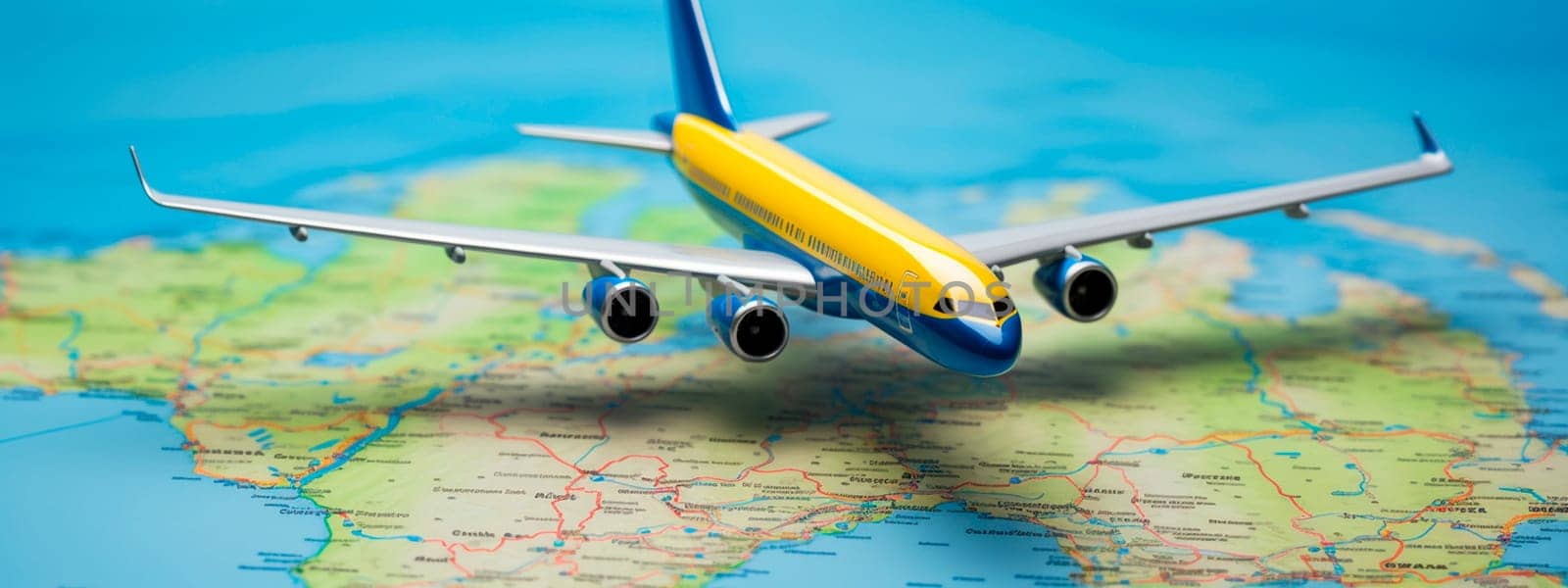 An airplane on a blue and yellow map background. Selective focus. by yanadjana