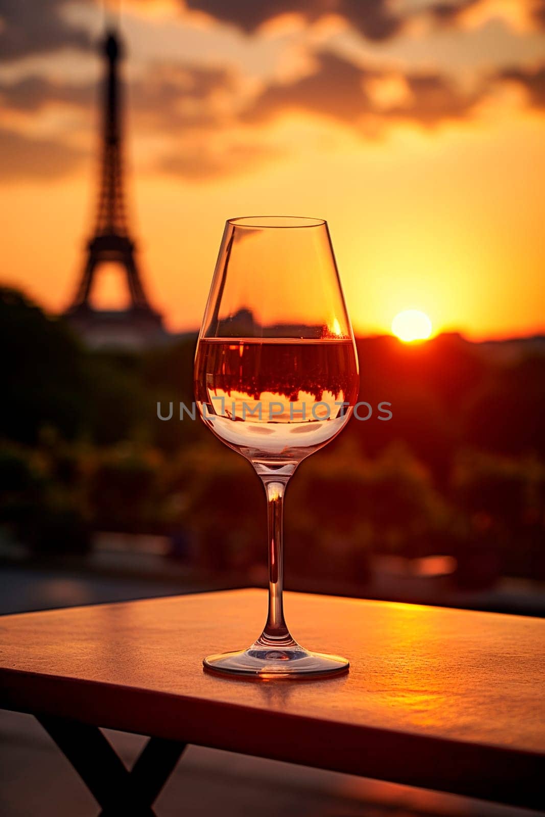 Glass of wine sunset Eiffel Tower background. Selective focus. Holiday.