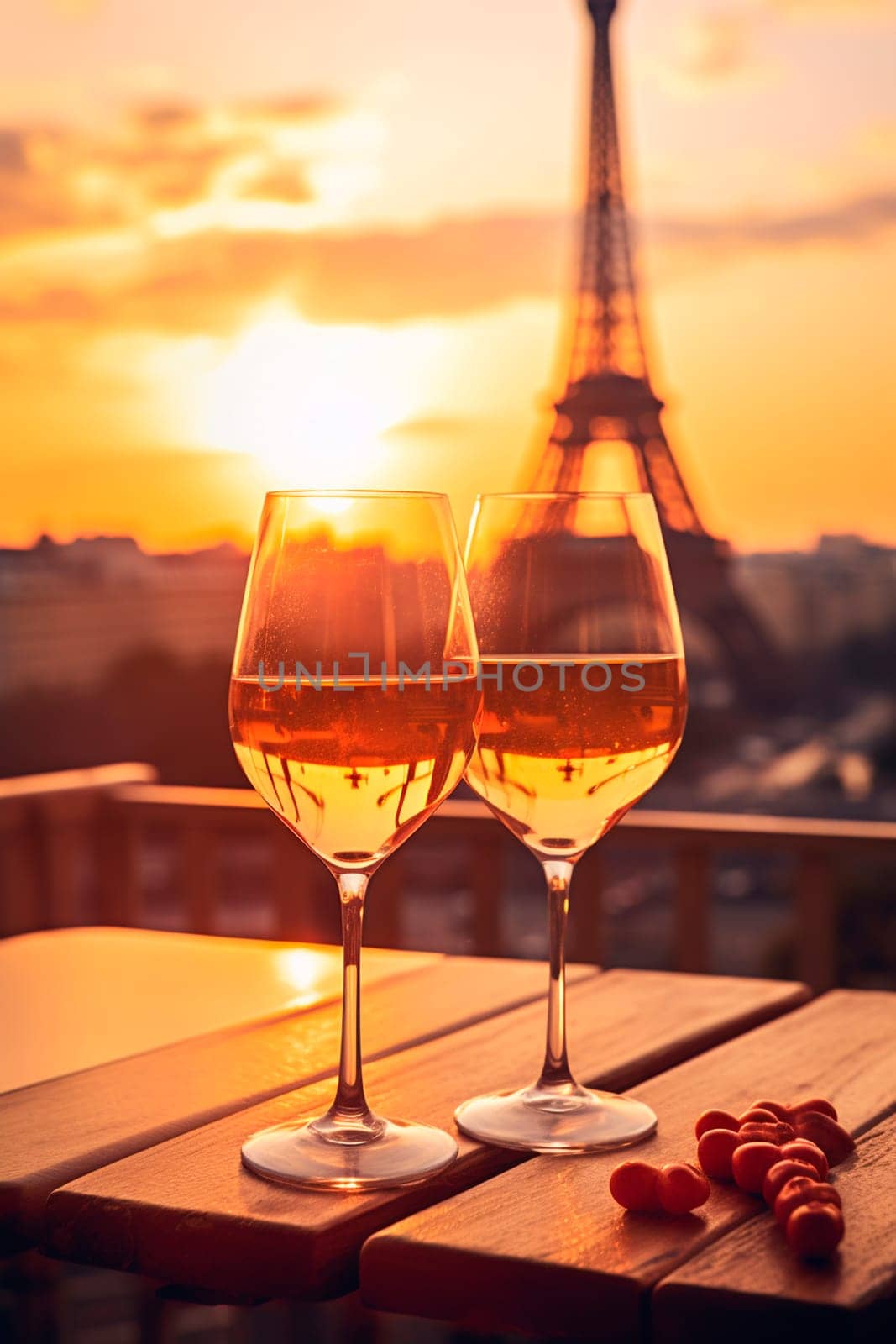 Glass of wine sunset Eiffel Tower background. Selective focus. by yanadjana