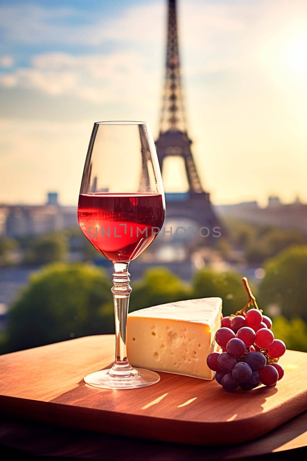 Glass of wine and cheese Eiffel Tower background. Selective focus. by yanadjana