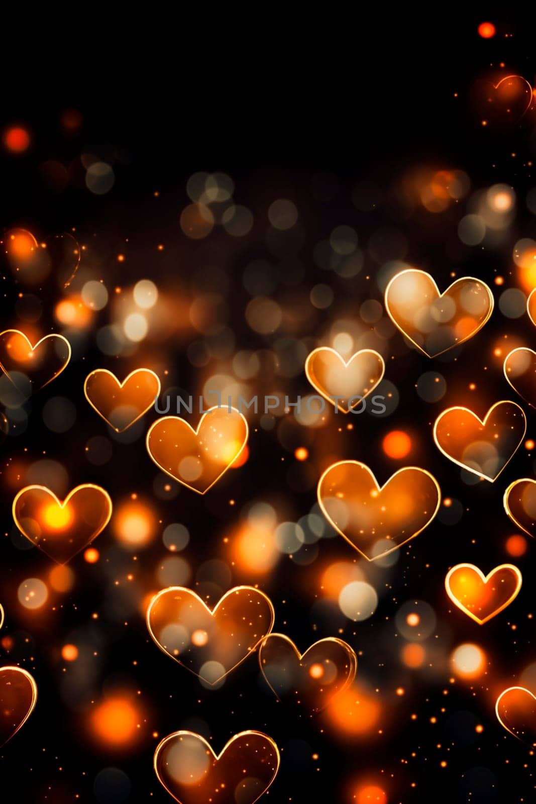 Golden bokeh hearts on a black background. Selective focus. Holiday.