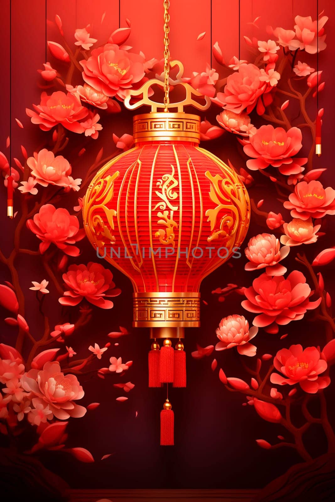 Red Chinese background with lantern is beautiful. Selective focus. Holiday.