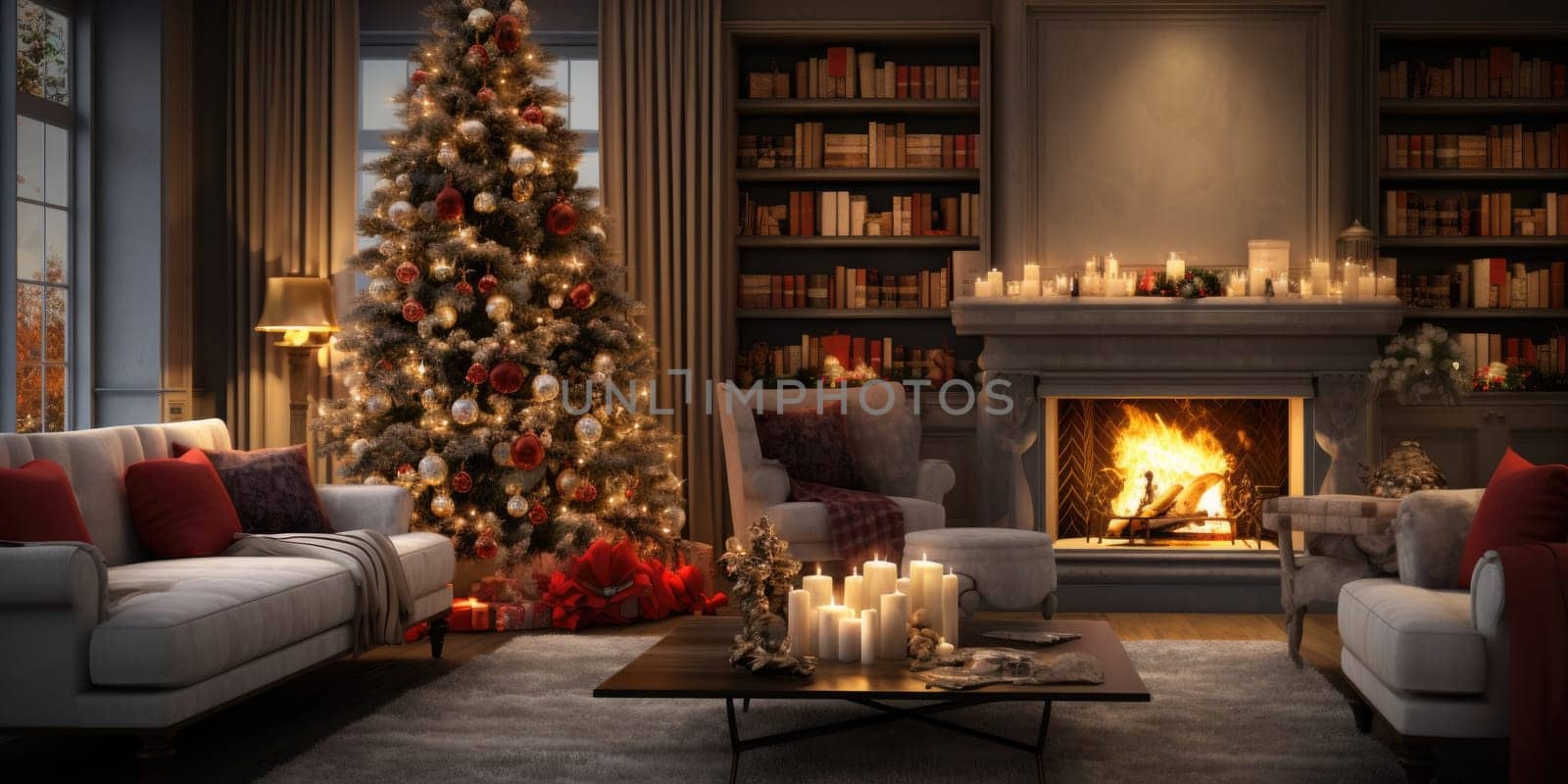 Interior of decorated living room with Christmas tree and sofa comeliness by biancoblue