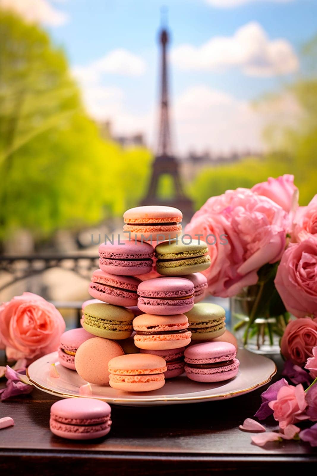 Macarons with the Eiffel Tower in the background. Selective focus. food.