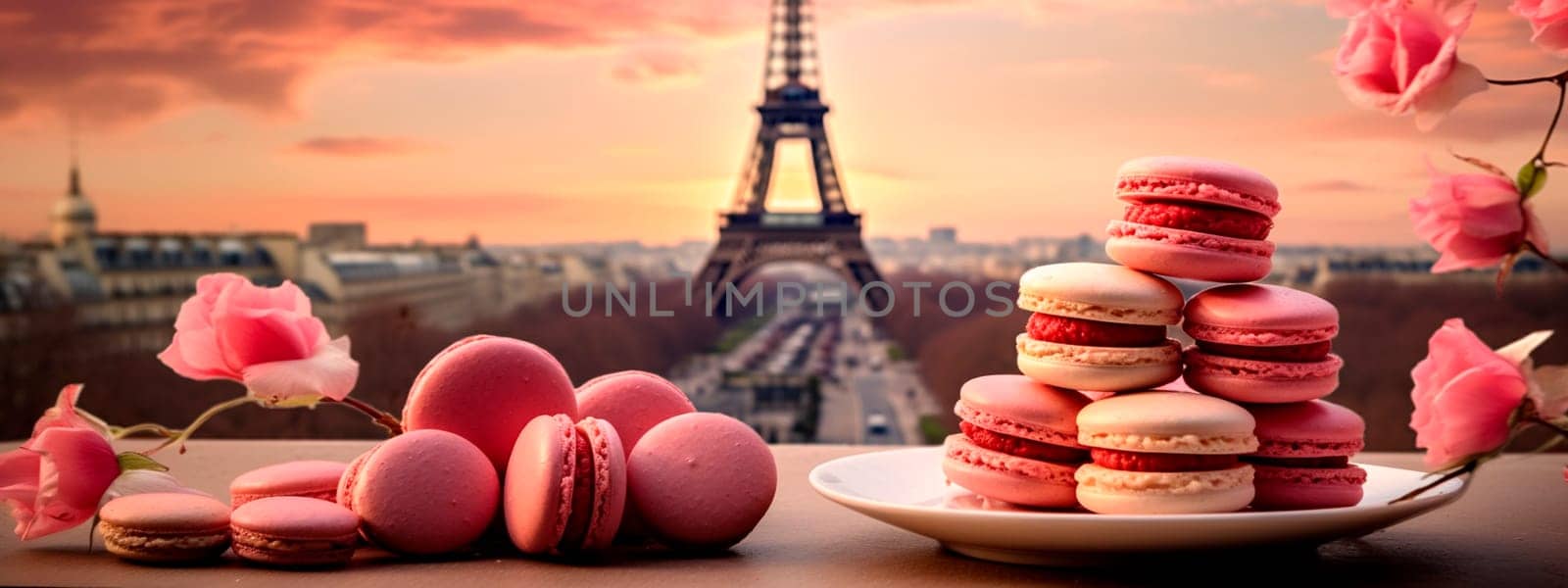 Macarons with the Eiffel Tower in the background. Selective focus. by yanadjana