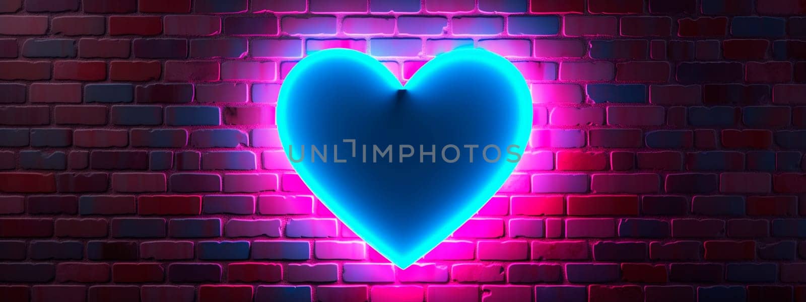 Neon glowing heart blue pink. Selective focus. Drink.