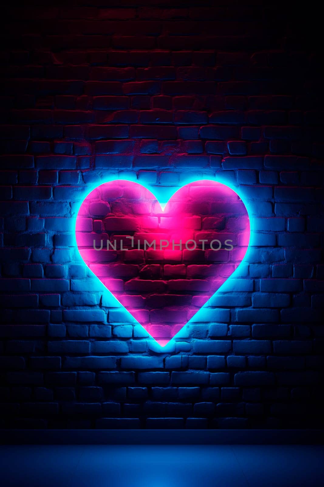 Neon glowing heart blue pink. Selective focus. Drink.