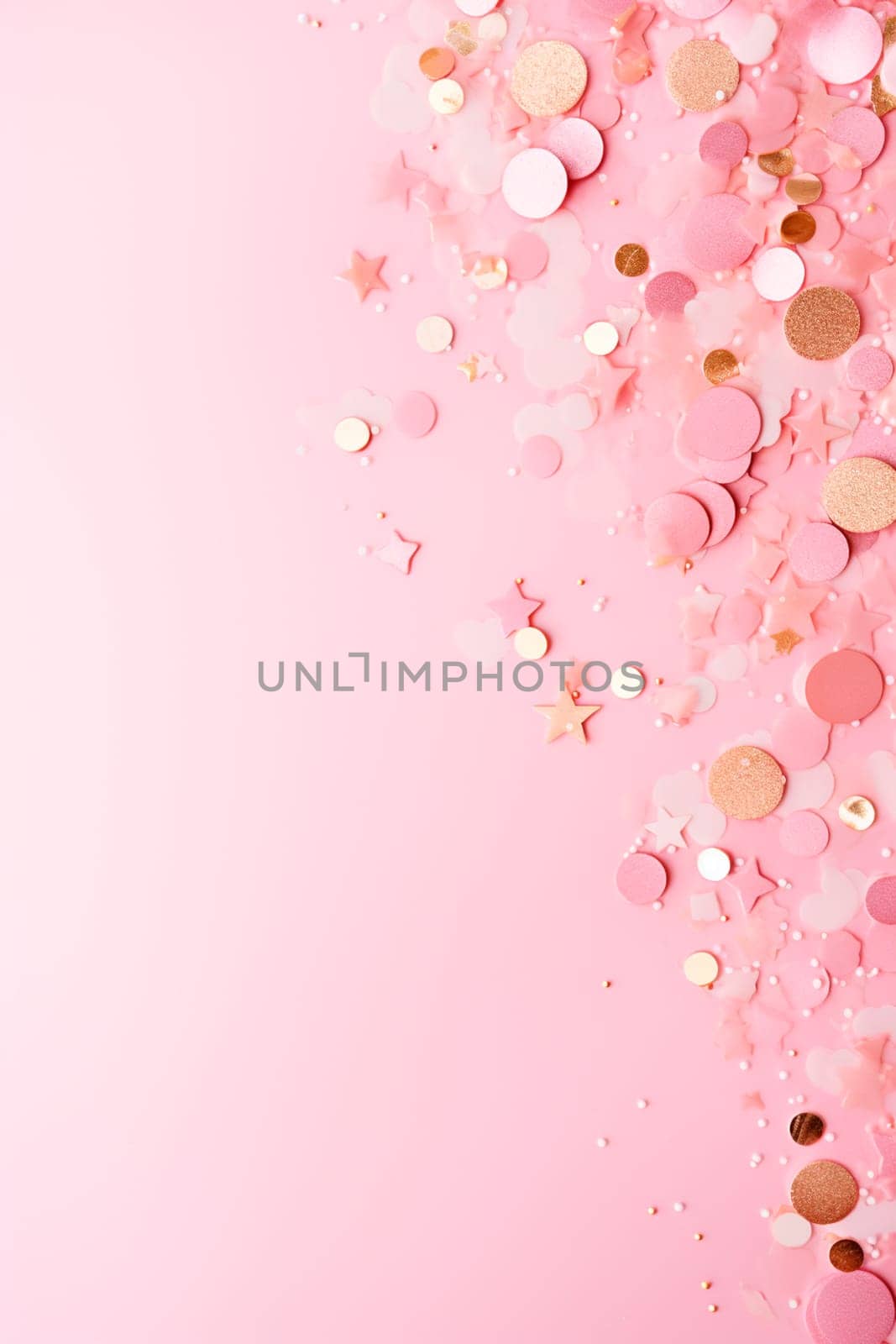 Pink background with sparkles and confetti. Selective focus. Holiday.