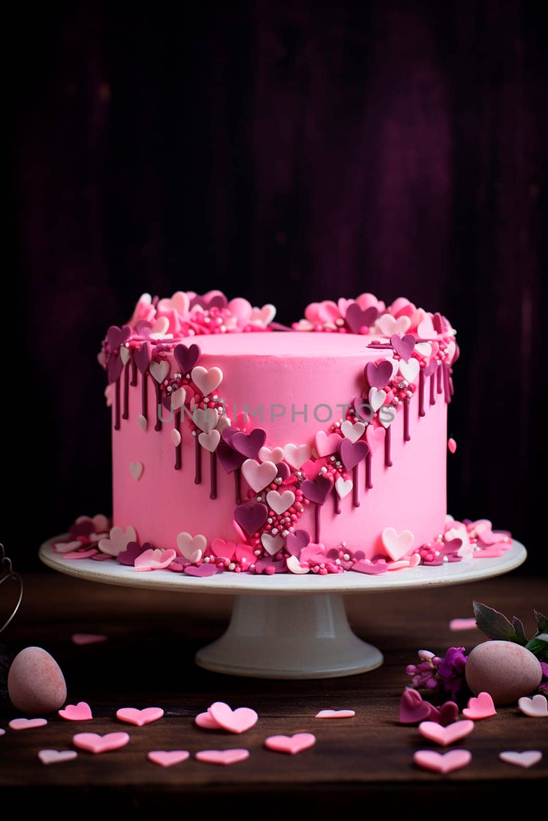 Pink cake with hearts. Selective focus. by yanadjana