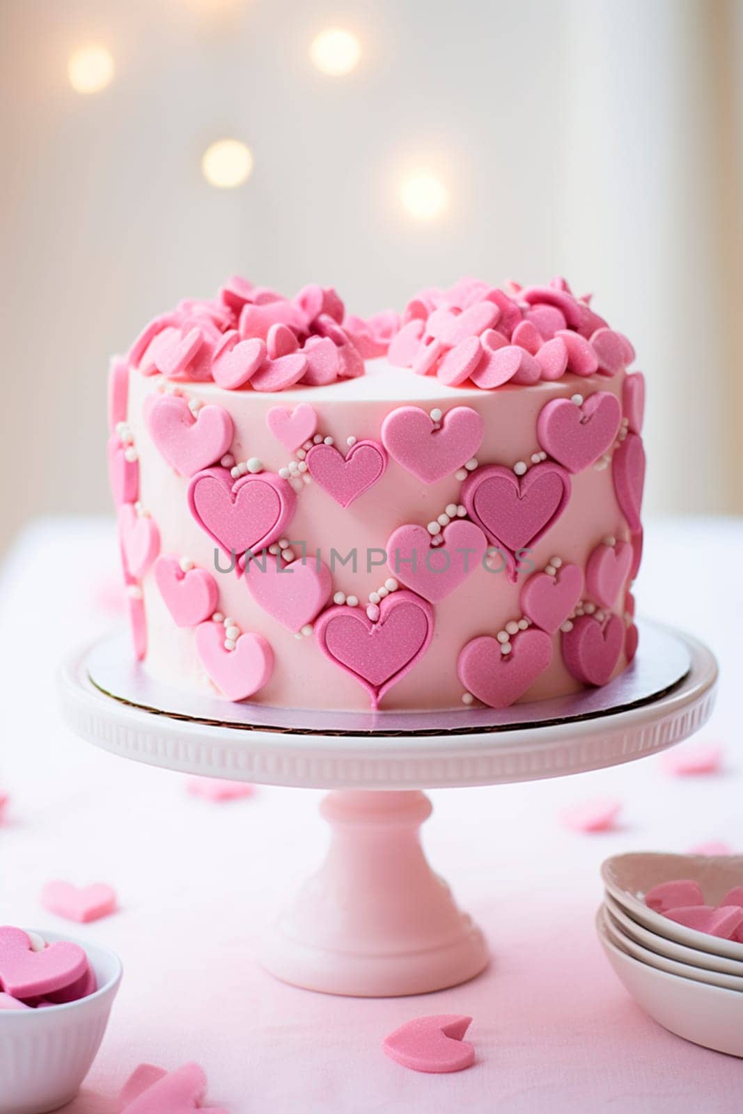 Pink cake with hearts. Selective focus. by yanadjana