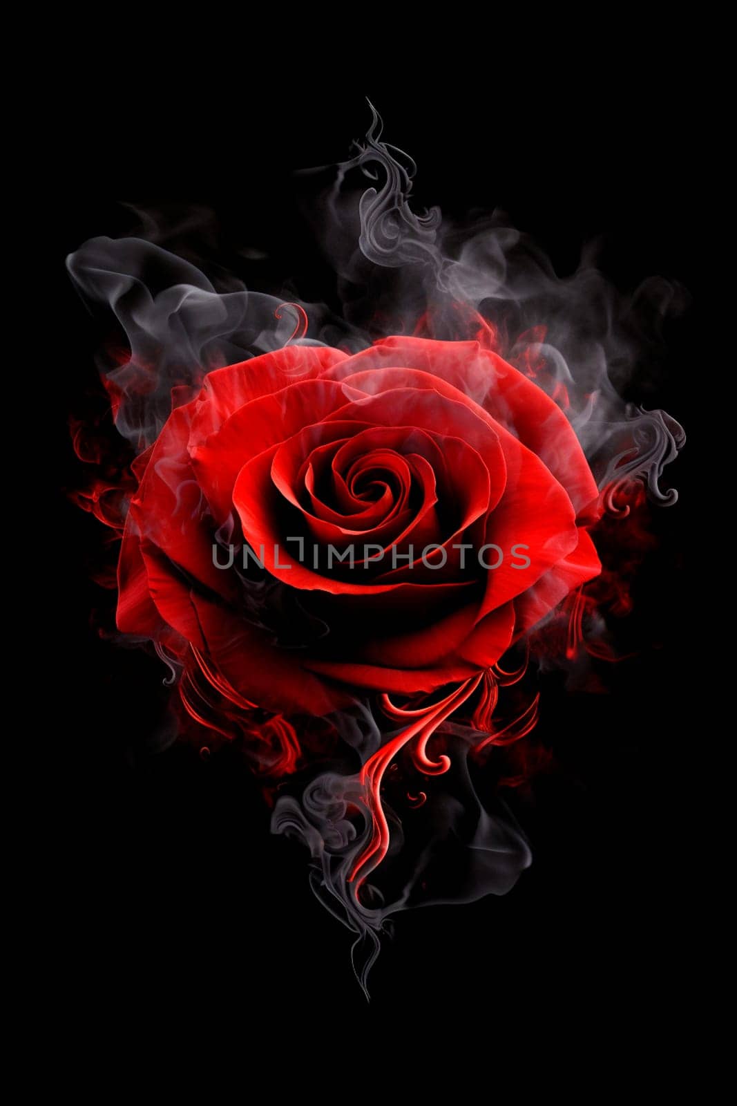 Red rose heart in smoke on a black background. Selective focus. by yanadjana