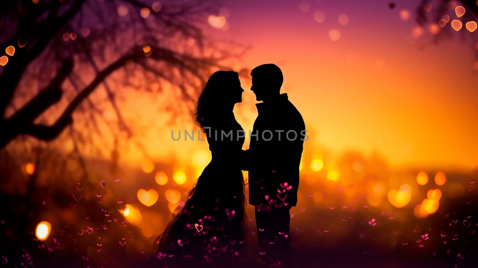 Silhouette of lovers at sunset. Selective focus. Love.