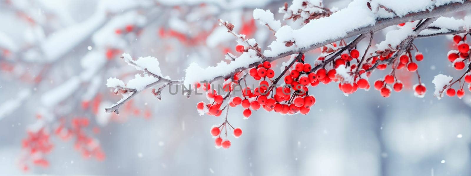 Snow-covered branch with red berries in the forest. Selective focus. by yanadjana