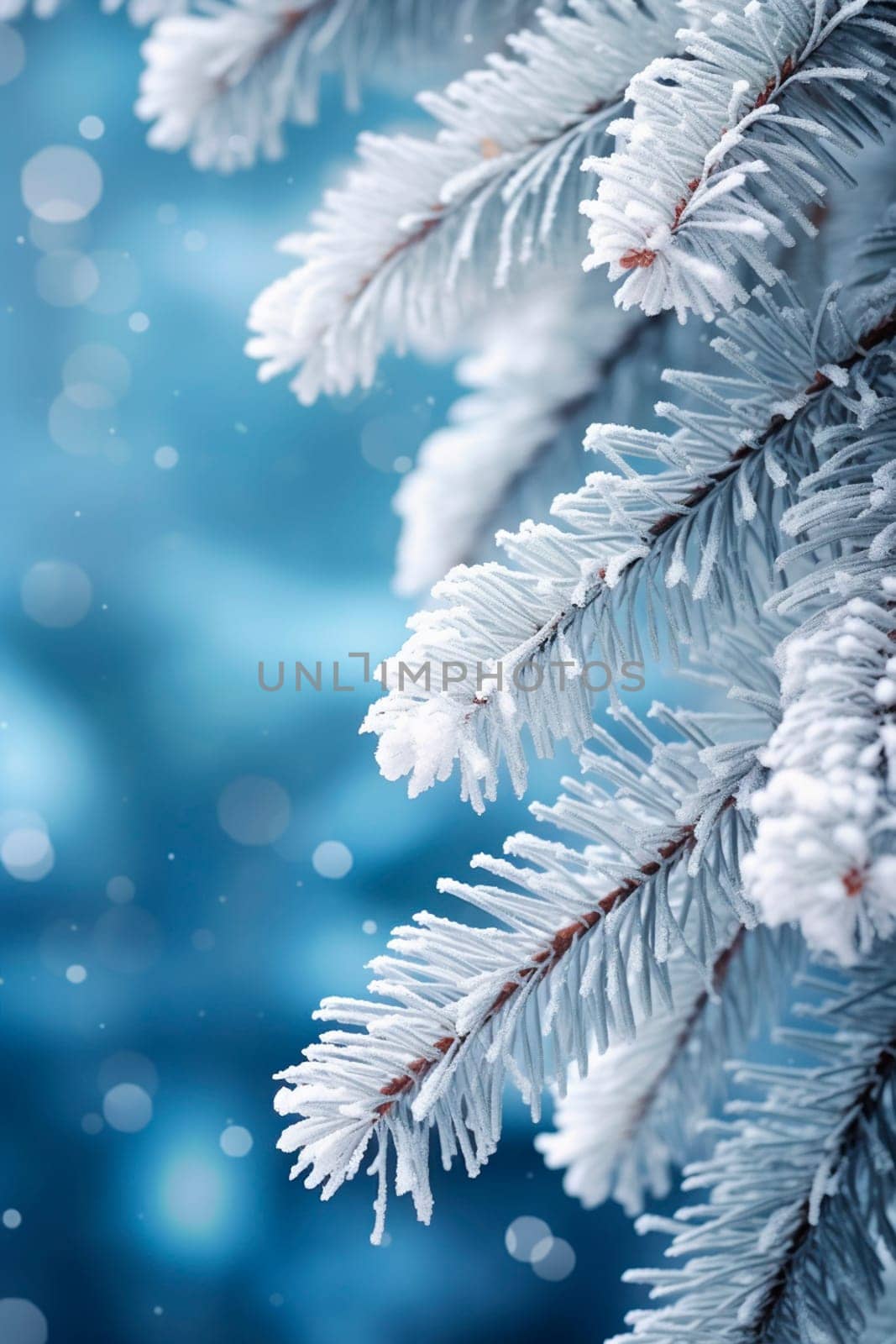 Snow-covered fir branch in the forest. Selective focus. Nature.