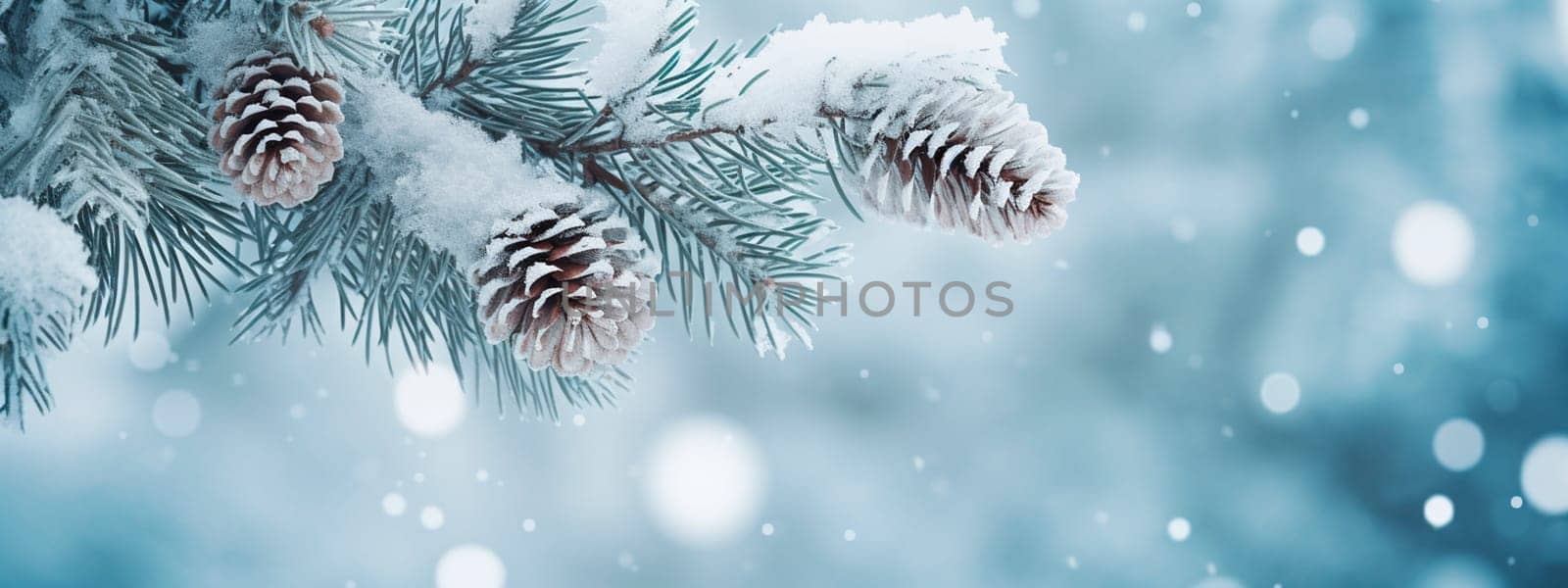 Snow-covered fir branch in the forest. Selective focus. Nature.