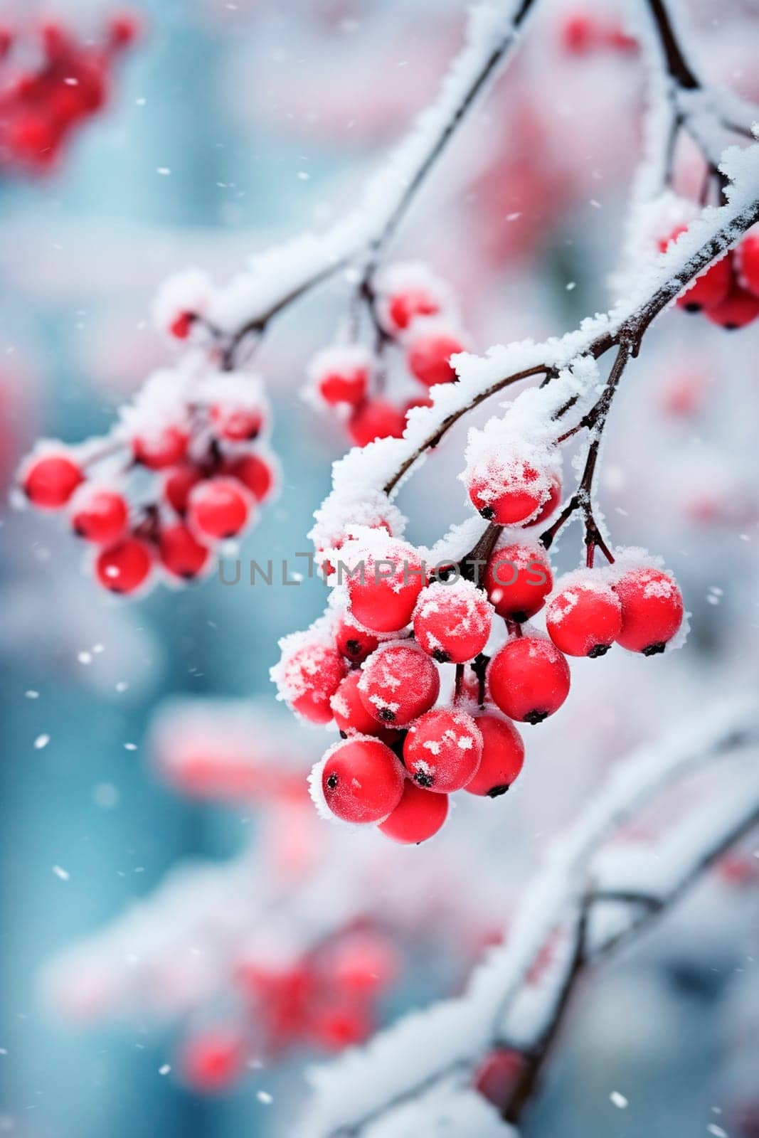 Snow-covered branch with red berries in the forest. Selective focus. Nature.