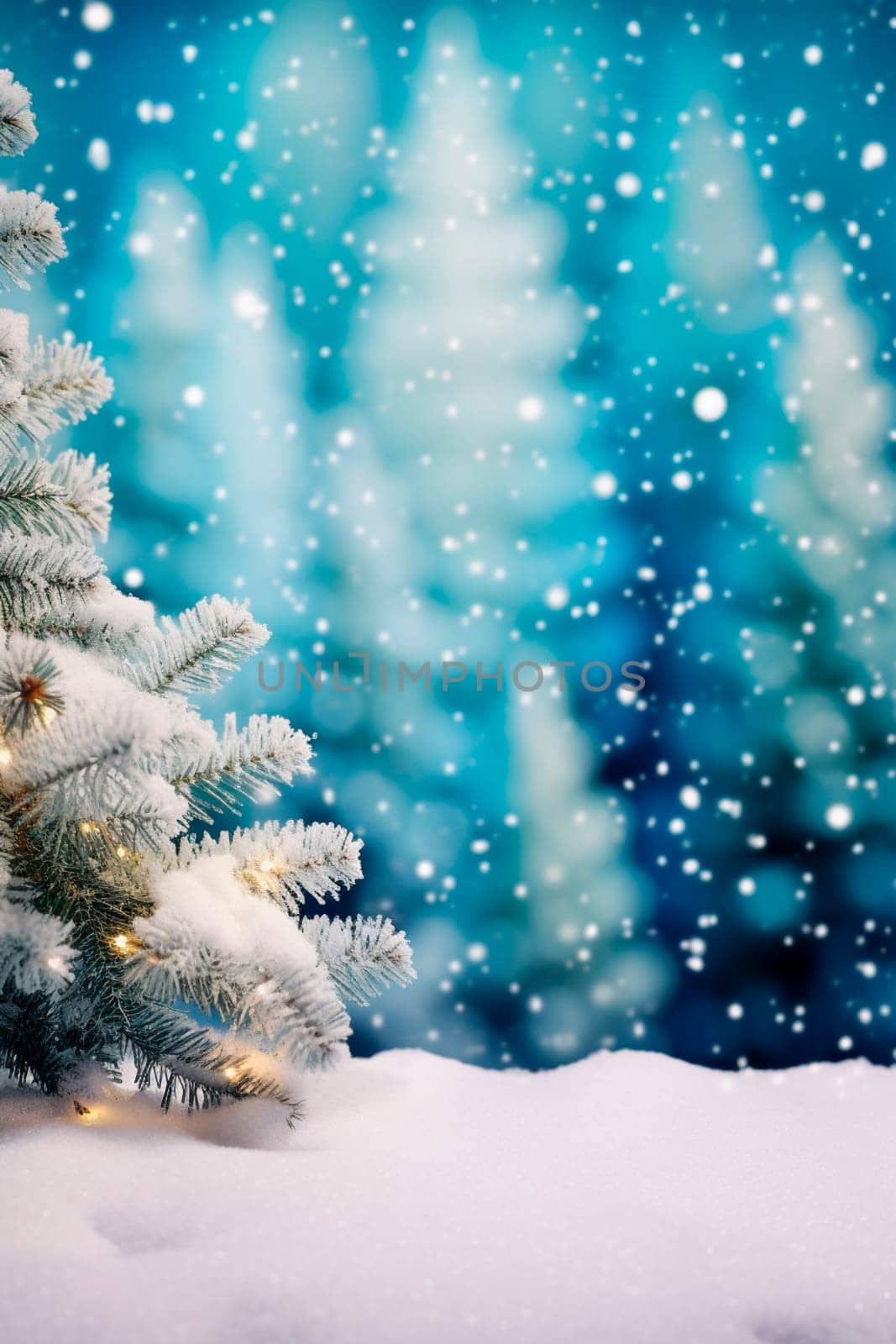 Snow-covered fir branch in the forest. Selective focus. Nature.