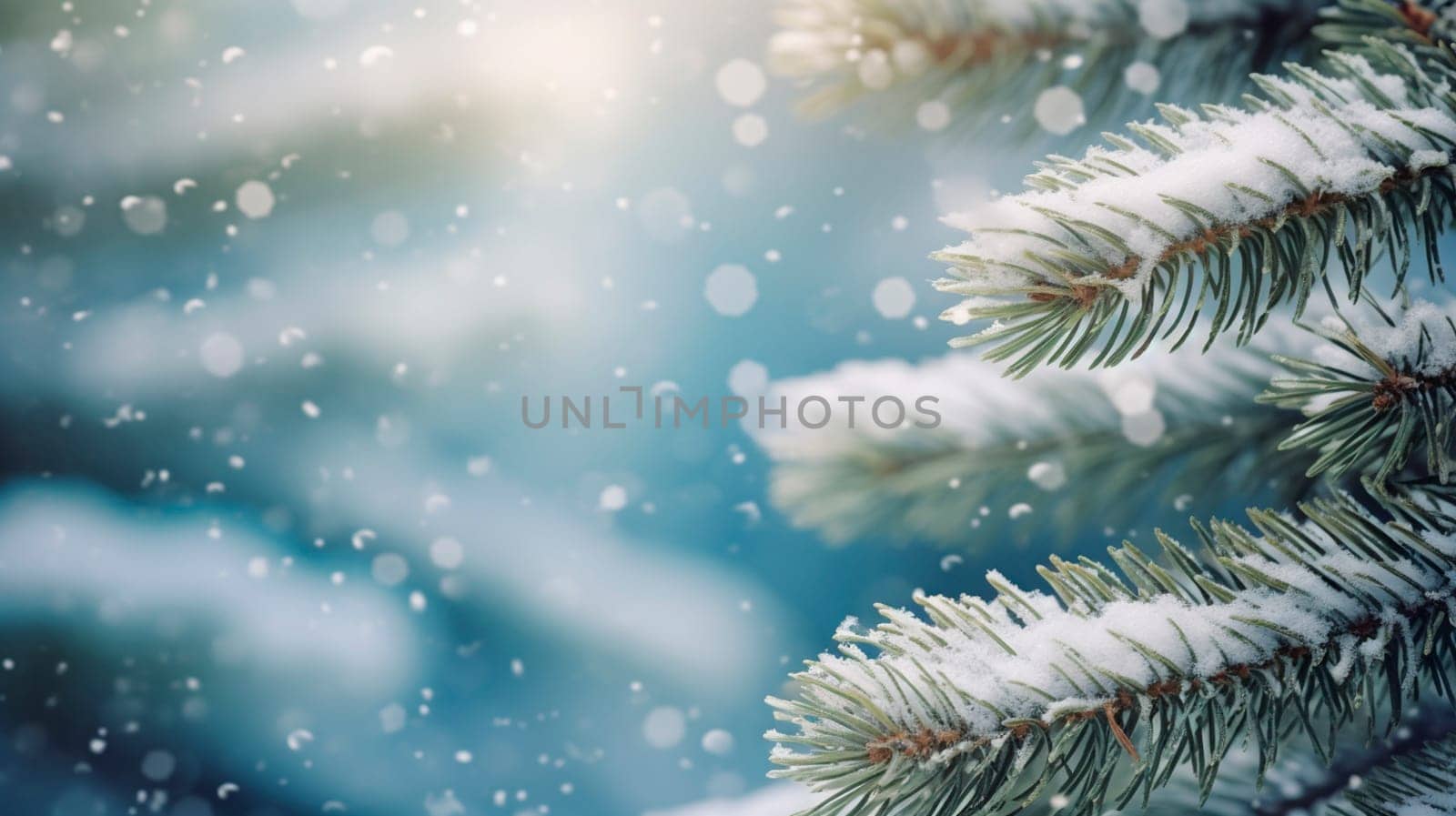 Snow-covered fir branch in the forest. Selective focus. Nature.