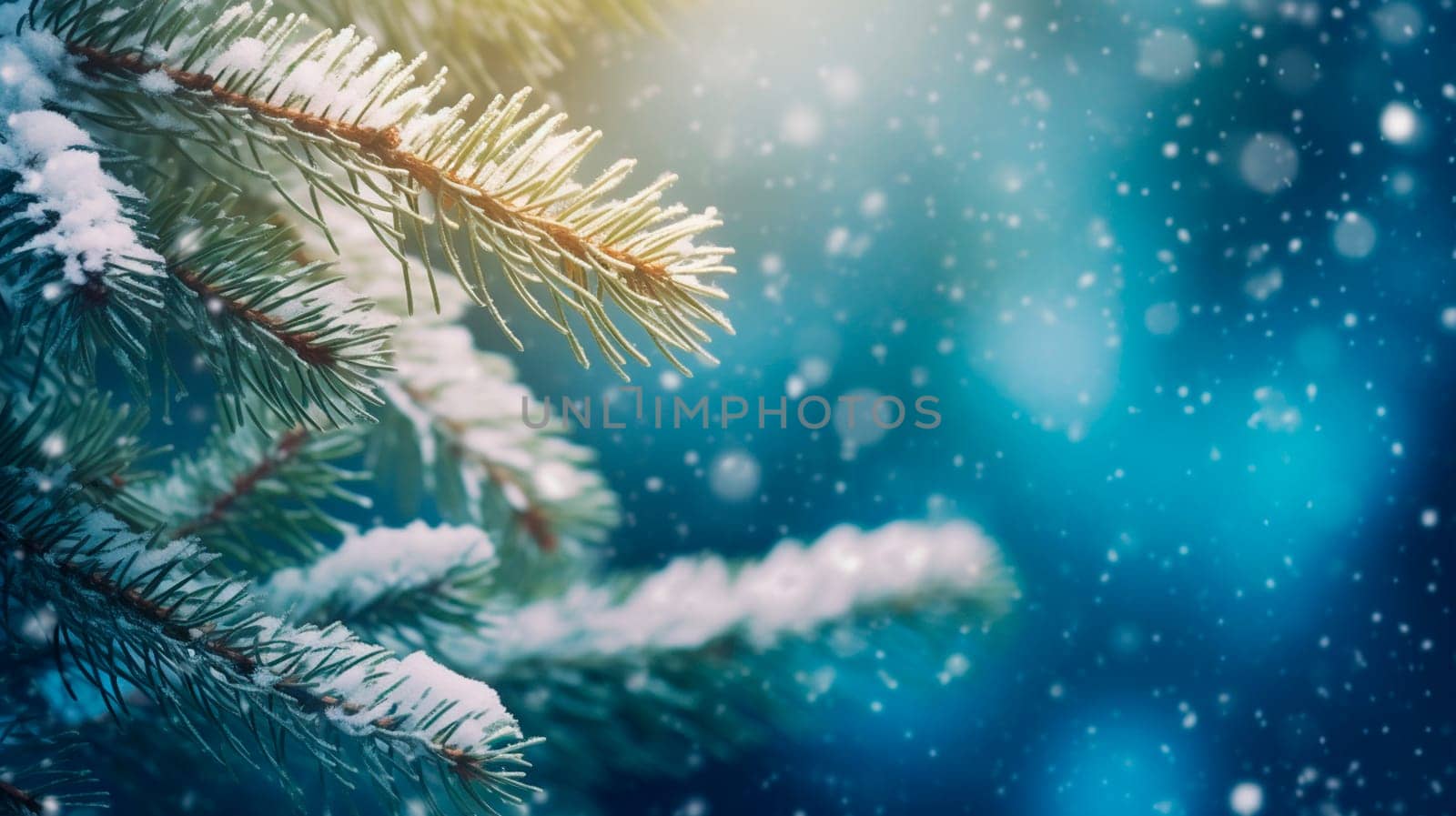 Snow-covered fir branch in the forest. Selective focus. Nature.