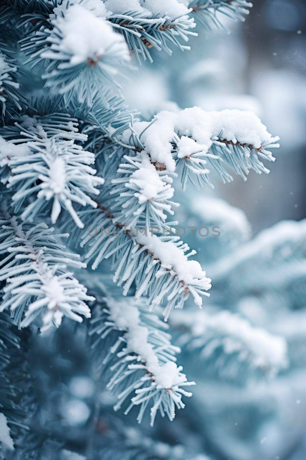 Snow-covered fir branch in the forest. Selective focus. Nature.