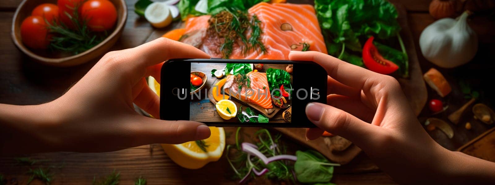 A man films a plate of fish on his phone. Selective focus. Food.