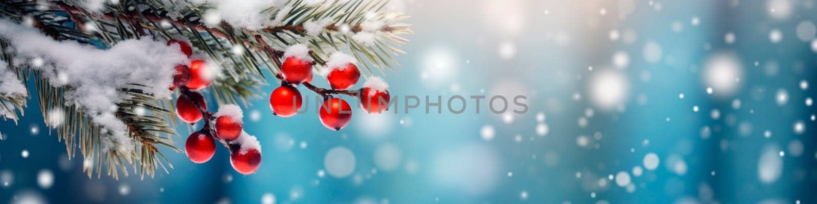 Snow-covered branch with red berries in the forest. Selective focus. by yanadjana