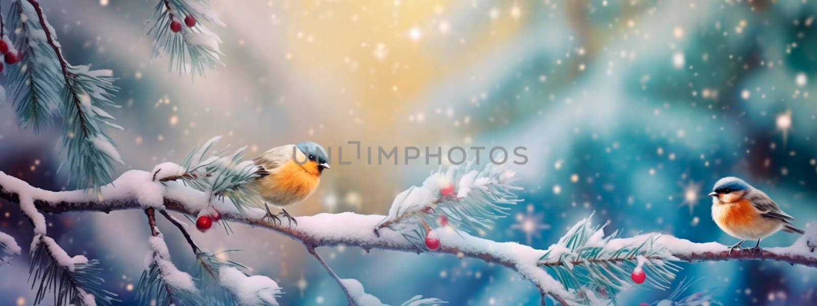 Birds on snowy branches in the forest. Selective focus. by yanadjana