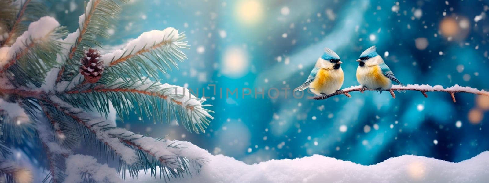 Birds on snowy branches in the forest. Selective focus. by yanadjana