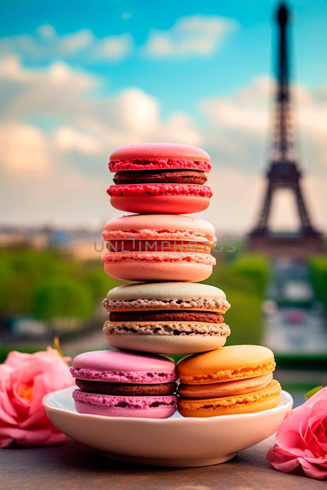 macaroons with the Eiffel Tower in the background. Selective focus. Food.