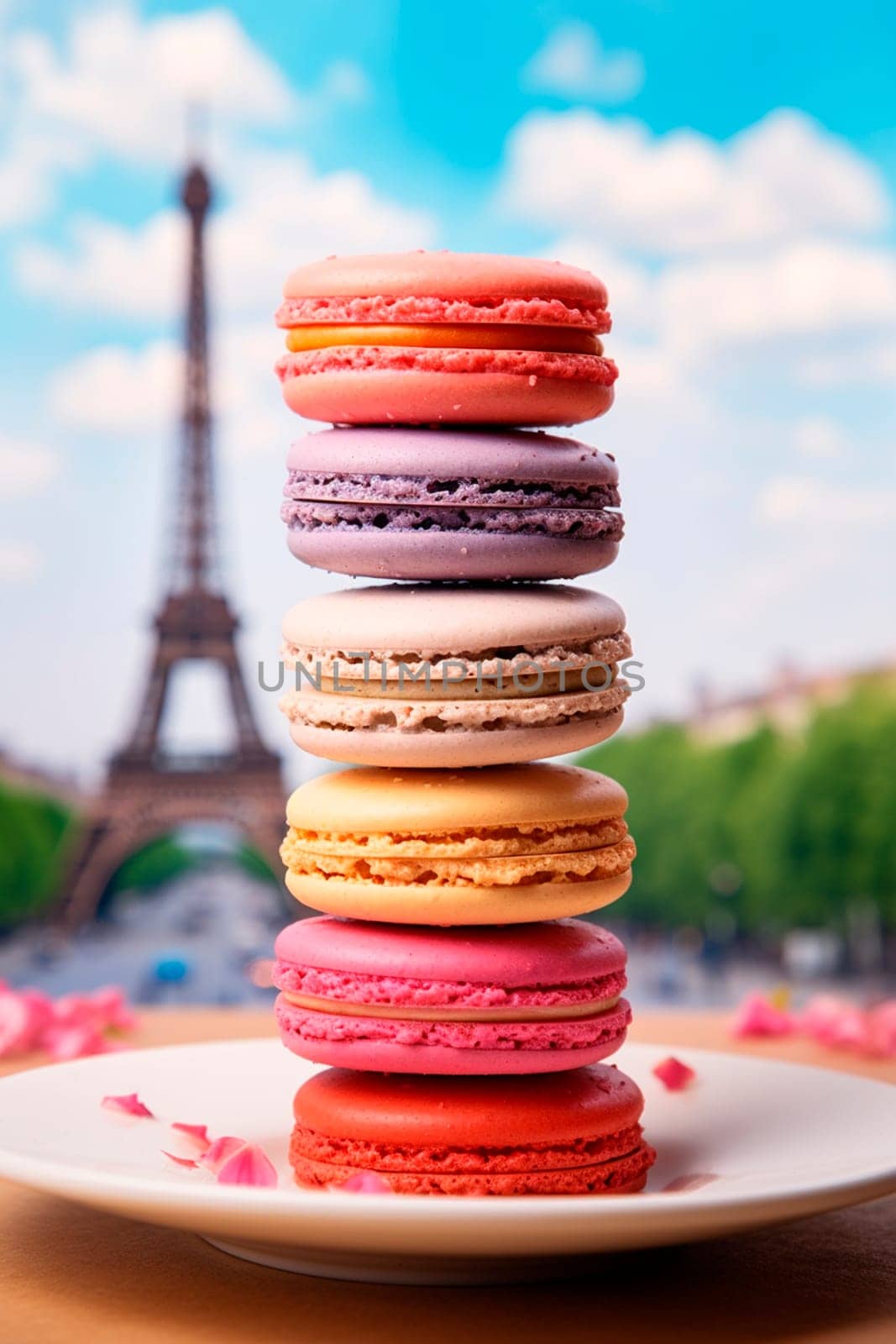 macaroons with the Eiffel Tower in the background. Selective focus. Food.