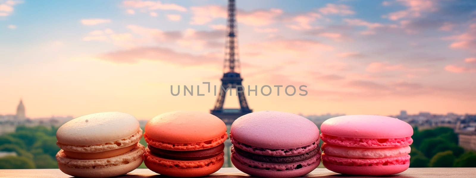 macaroons with the Eiffel Tower in the background. Selective focus. Food.