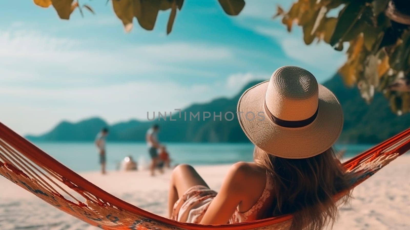 A woman rests on a hammock against the backdrop of the sea. Selective focus. Travel.