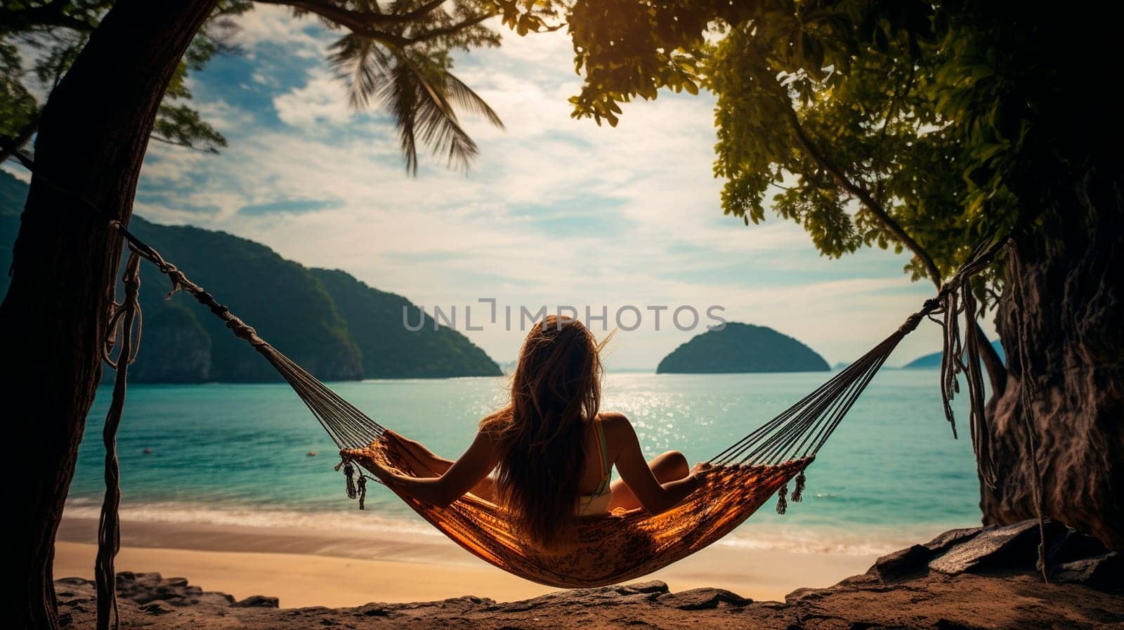 A woman rests on a hammock against the backdrop of the sea. Selective focus. by yanadjana