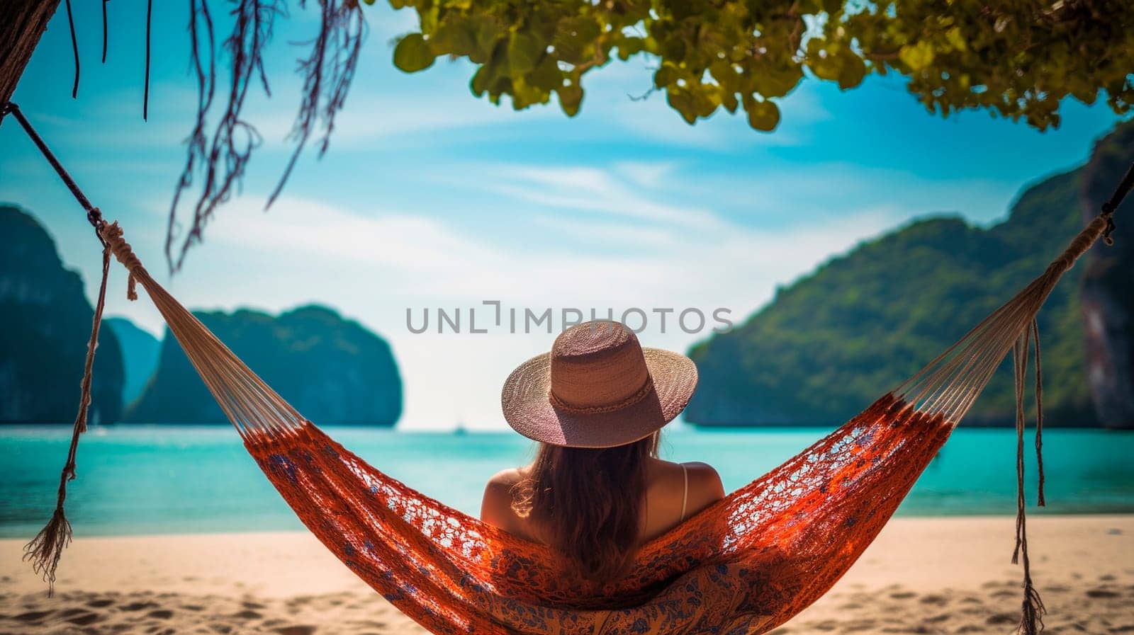 A woman rests on a hammock against the backdrop of the sea. Selective focus. Travel.