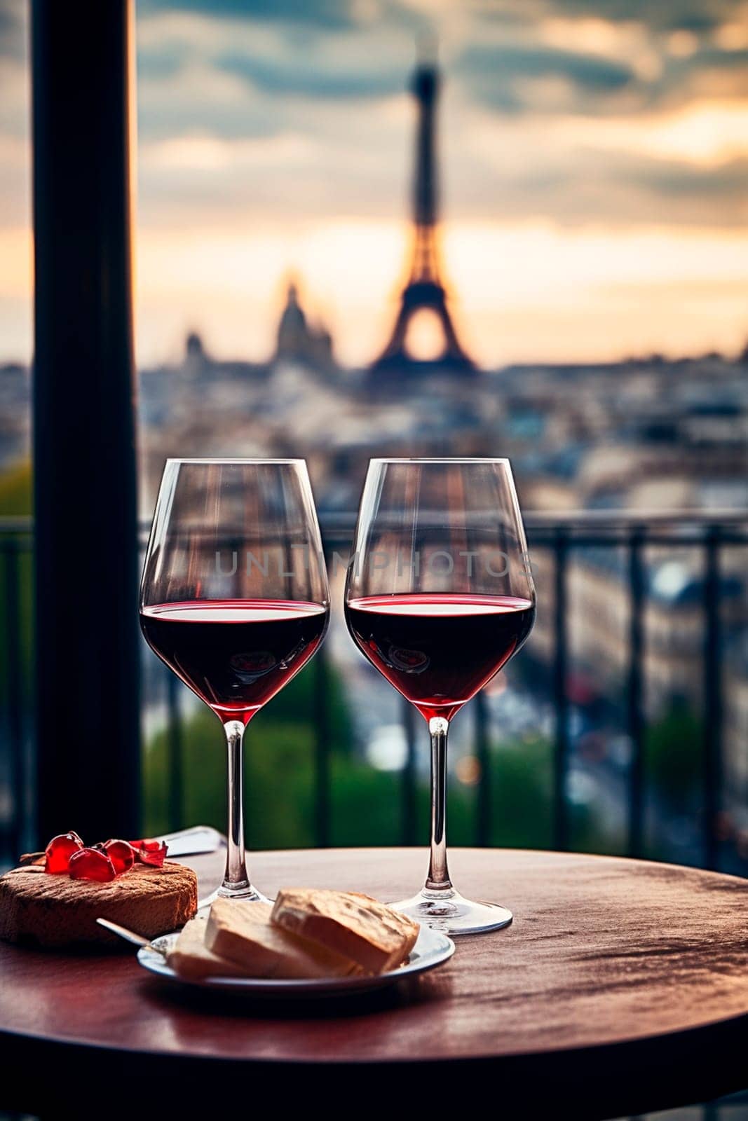 Glasses of wine against the backdrop of the Eiffel Tower. Selective focus. Travel.
