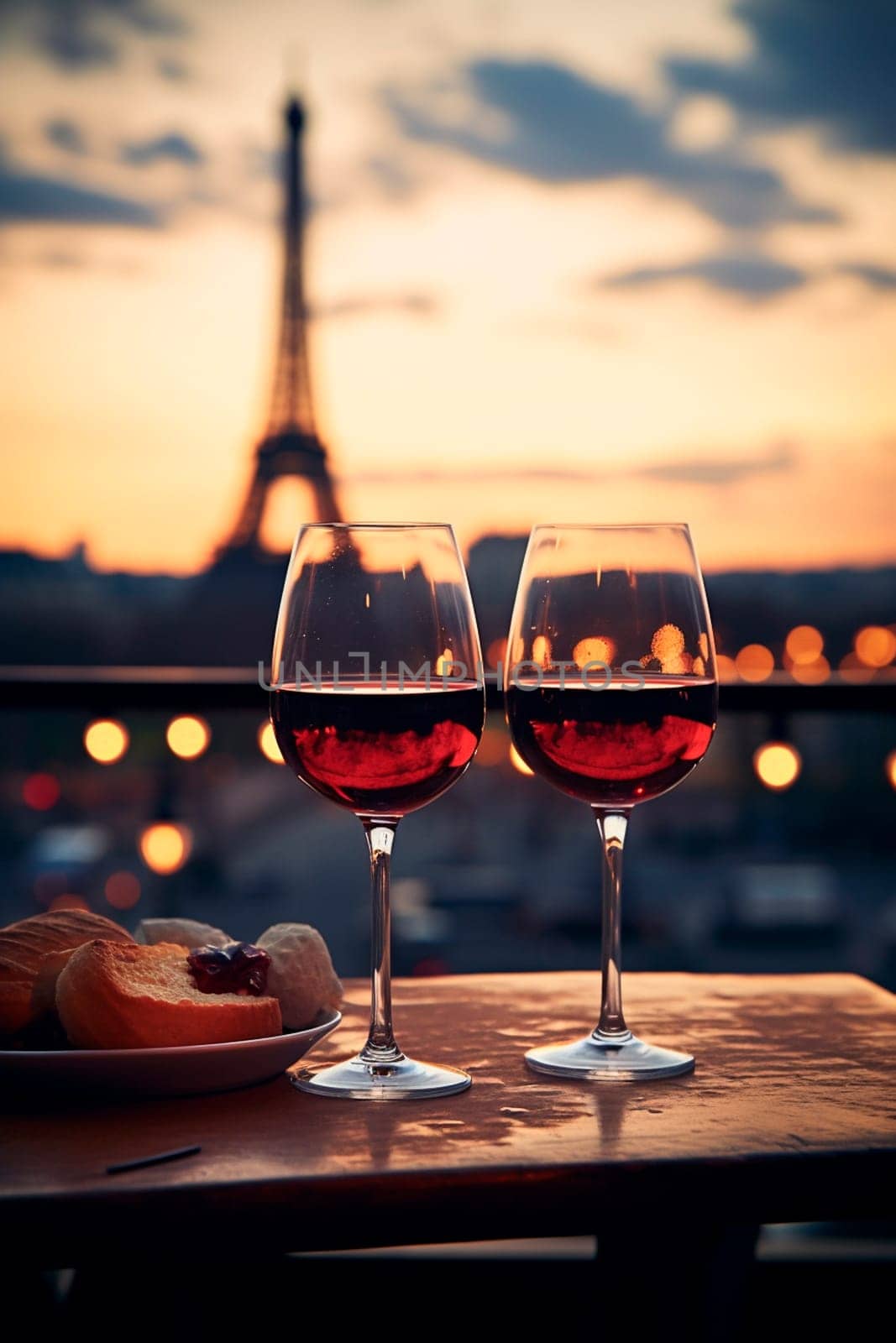 Glasses of wine against the backdrop of the Eiffel Tower. Selective focus. Travel.