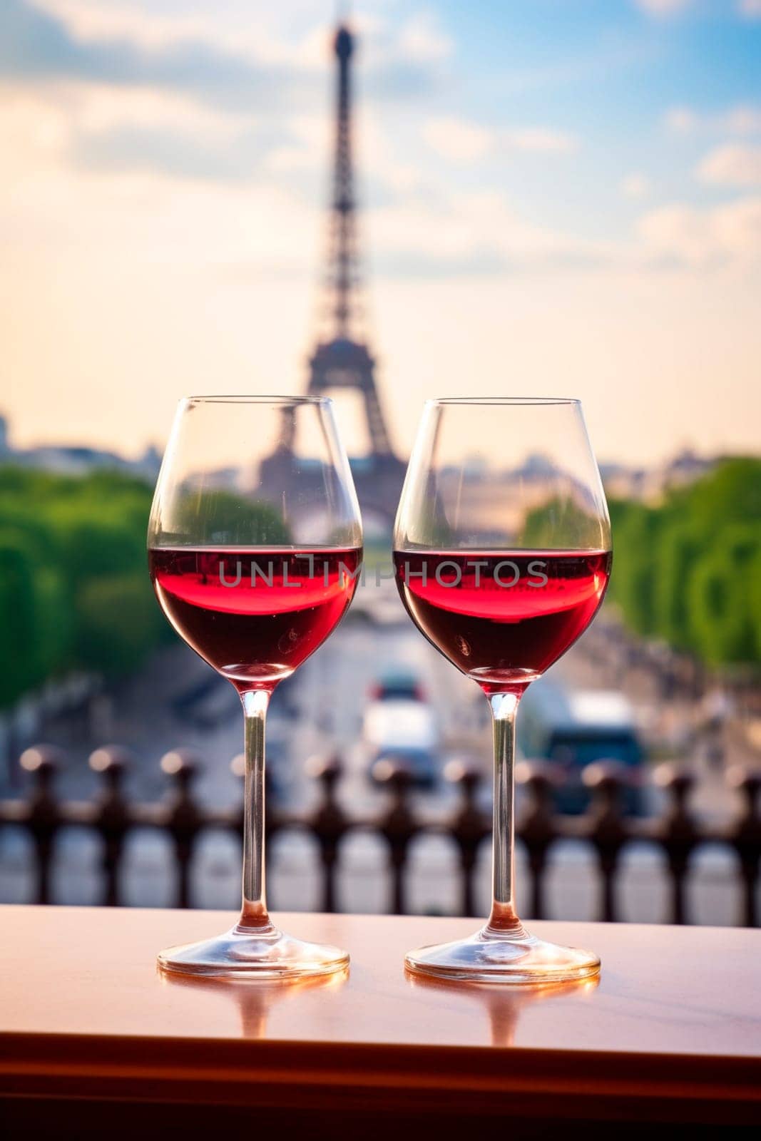 Glasses of wine against the backdrop of the Eiffel Tower. Selective focus. by yanadjana