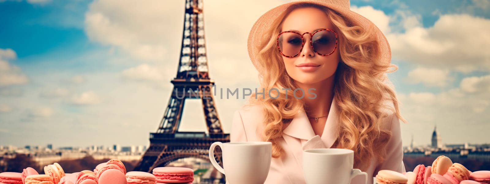 A woman in Paris in a cafe drinks coffee and macaron cake. Selective focus. by yanadjana