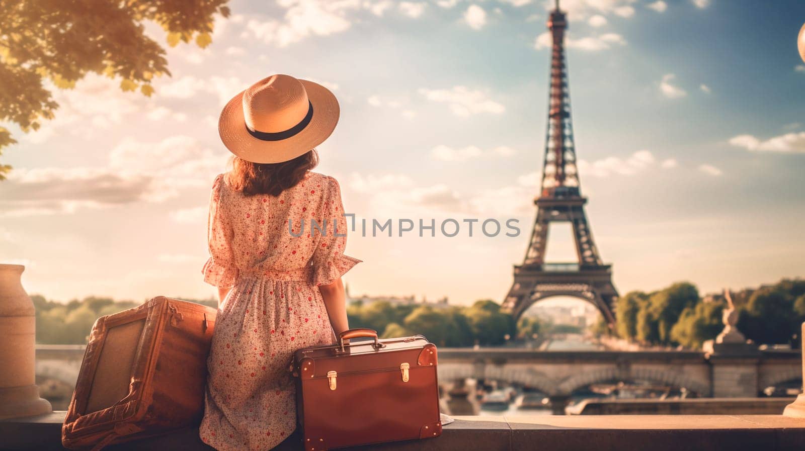 A woman in a hat with a suitcase looks at the Eiffel Tower. Selective focus. by yanadjana