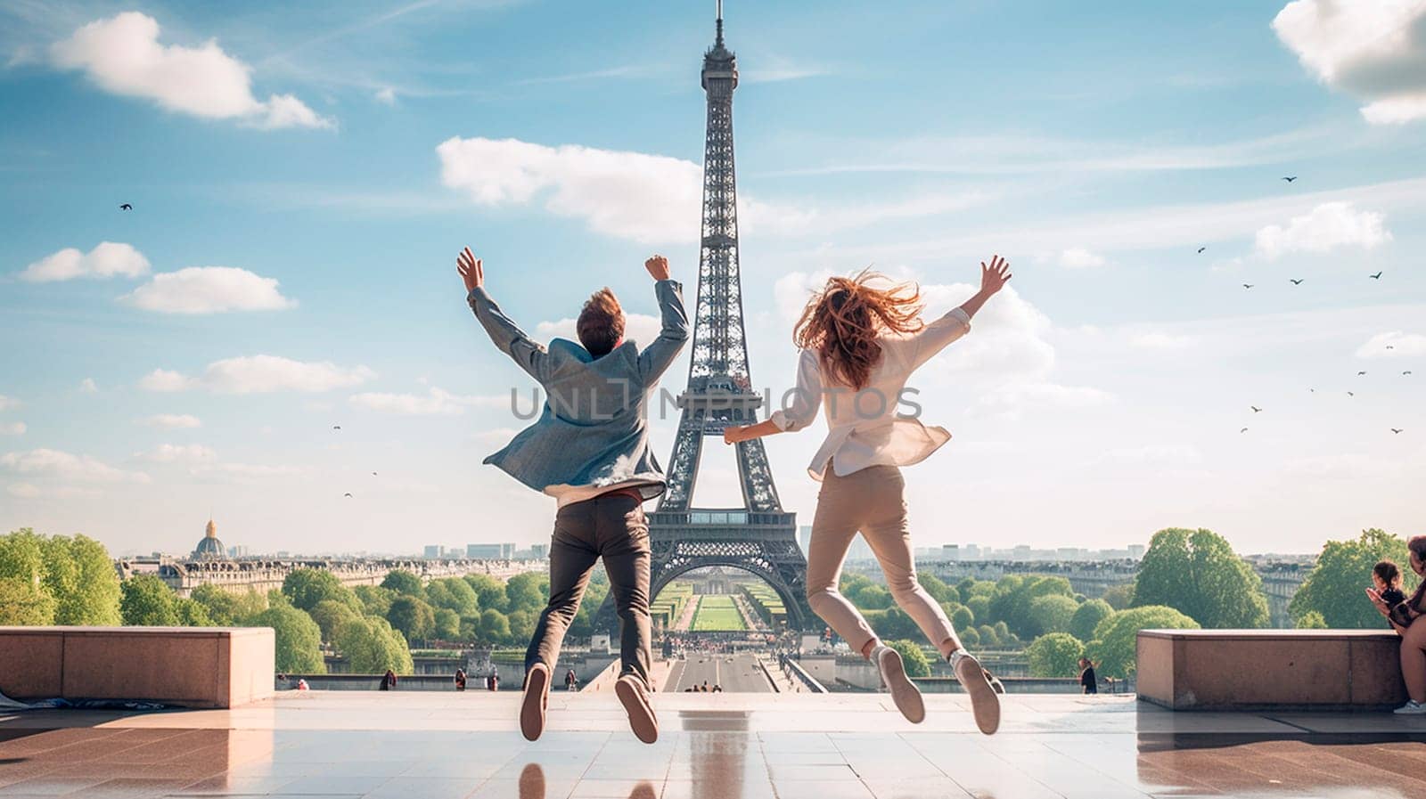 A happy woman and a man are jumping together near the Eiffel Tower. Selective focus. travel.