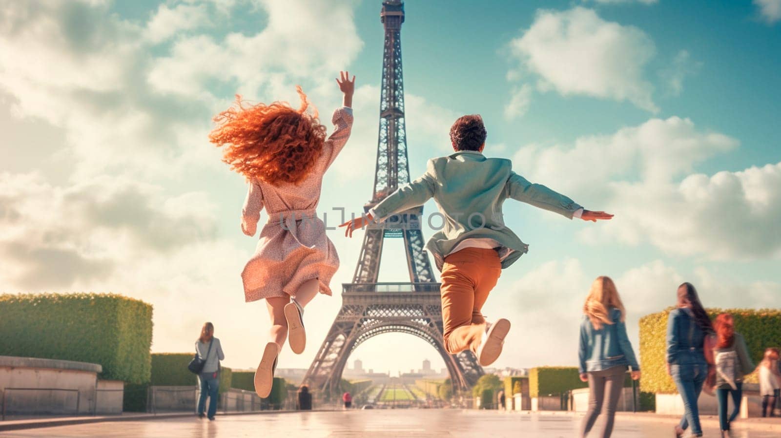 A happy woman and a man are jumping together near the Eiffel Tower. Selective focus. by yanadjana