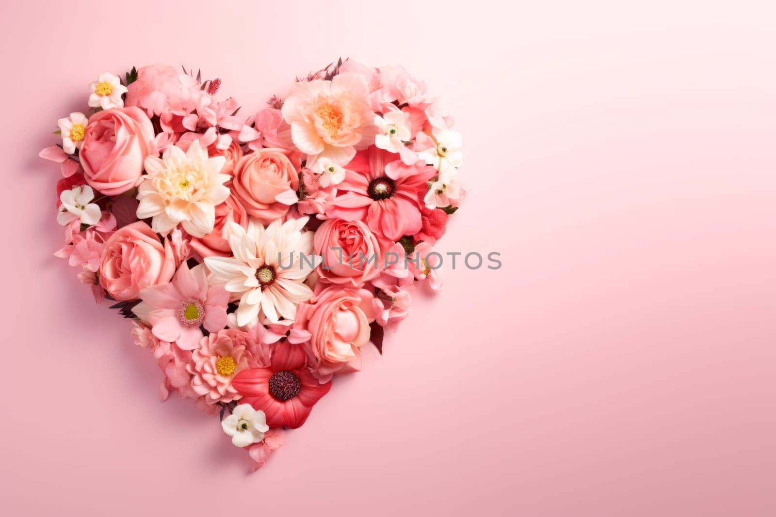 A variety of pink and white flowers are laid out in the shape of a heart on a pink background. by Spirina